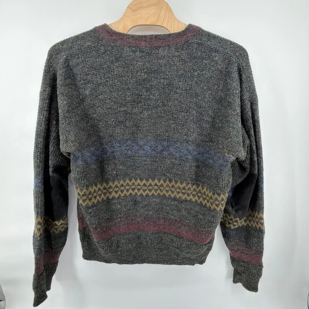 Zeppelin Cardigan Mens XLXT Gray Burgundy Blue Yellow Fair Isle Elbow Patches